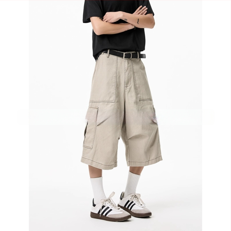 Șort denim cu cusătură camuflaj, aspect de două părți, croială cropped lejeră, talie medie, fermoar frontal