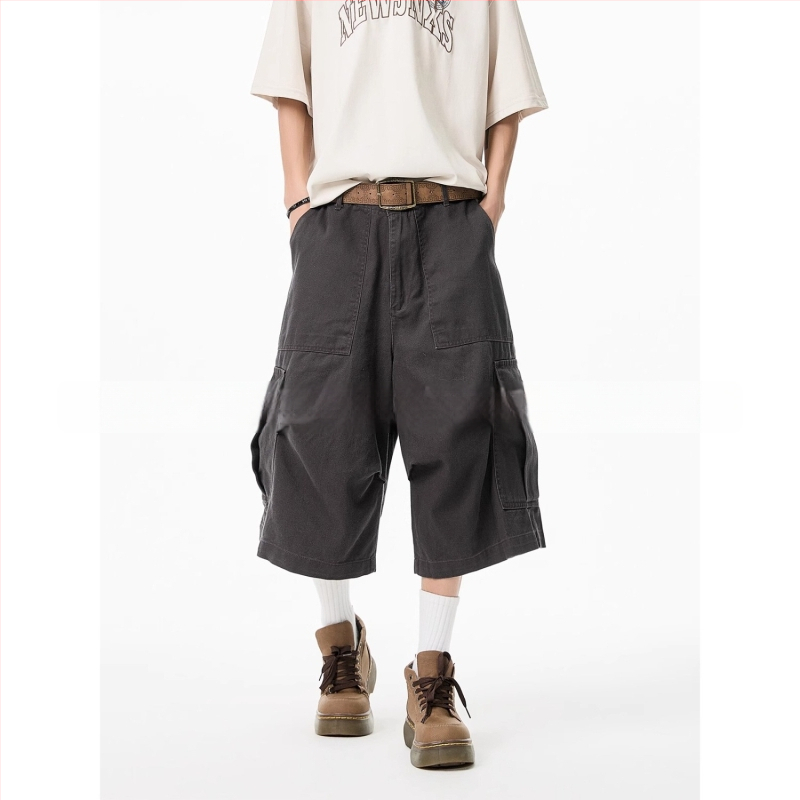 Șort denim cu cusătură camuflaj, aspect de două părți, croială cropped lejeră, talie medie, fermoar frontal