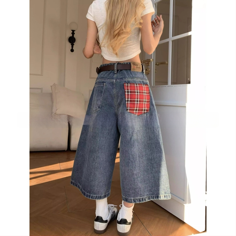 Șort denim cu cusătură camuflaj, aspect de două părți, croială cropped lejeră, talie medie, fermoar frontal