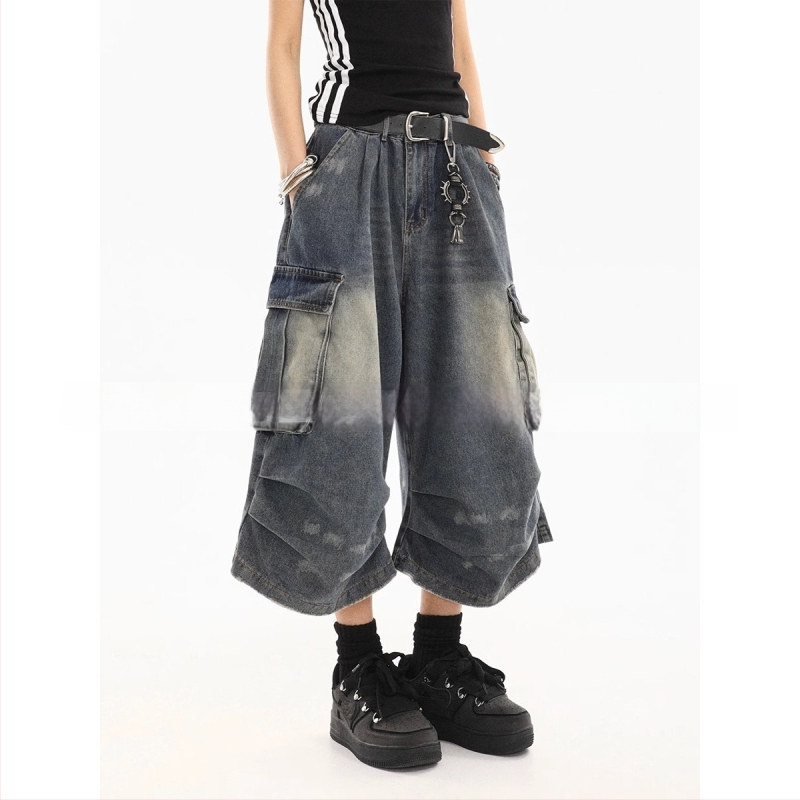 Șort denim cu cusătură camuflaj, aspect de două părți, croială cropped lejeră, talie medie, fermoar frontal