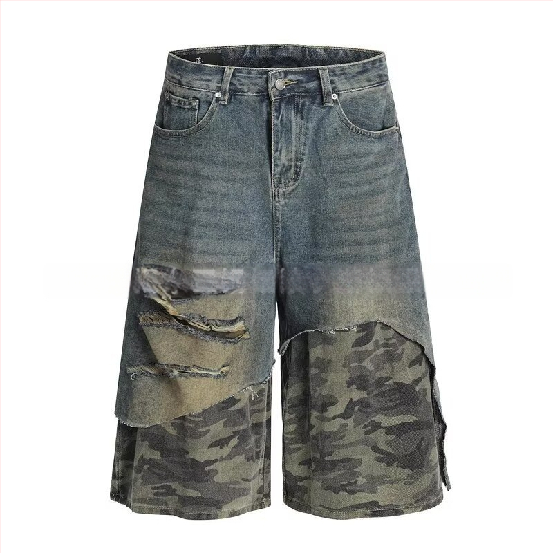 Șort denim cu cusătură camuflaj, aspect de două părți, croială cropped lejeră, talie medie, fermoar frontal