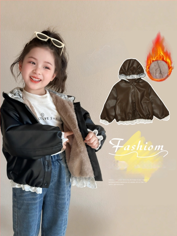 Детско PU кожено яке с подплата от плюш, качулка, корейски стил, къс модел, цип (за възраст 3–8 години, зима 2025)