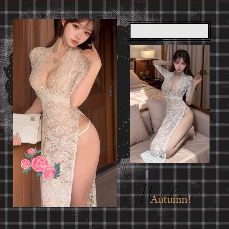 Flower Sea lenjerie noapte cu plasă și dantelă, decolteu în V profund, bretele, lungă fustă — poliester ultra-subțire (40 g/m²), 95–100% poliester