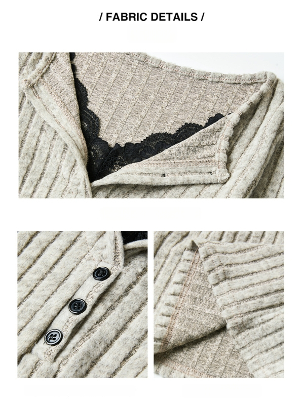 Γυναικεία T-shirt με δαντελωτή λεπτομέρεια, μακριά μανίκια, στενή γραμμή, μικρός γιακάς