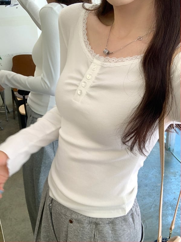 Μπλουζάκι τύπου T-shirt με μακριά μανίκια, εφαρμοστή γραμμή, βαμβάκι-βισκόζη, κολάρο με μερικό άνοιγμα