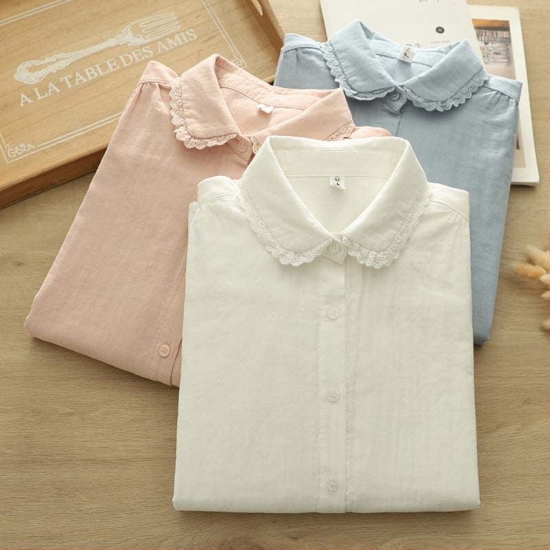 Πουκάμισο από βαμβακερό νήμα με γιακά τύπου doll, δαντελένιες λεπτομέρειες και πιέτες, χαλαρή γραμμή, μακριά μανίκια