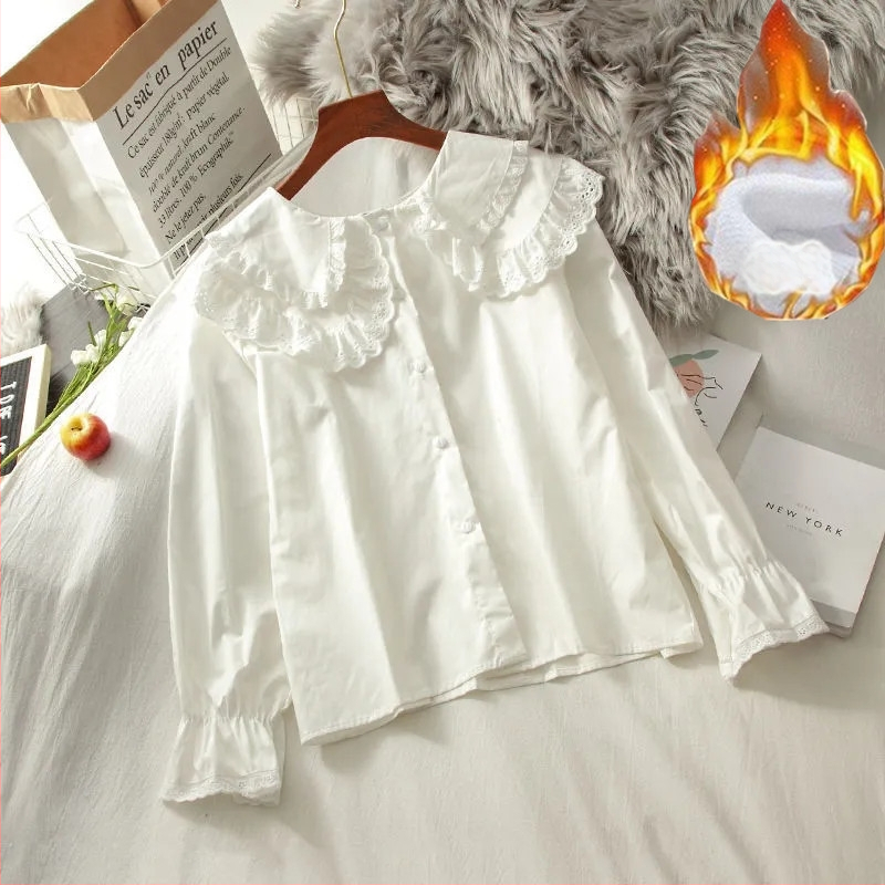 Πουκάμισο από δαντέλα, γιακά κούκλας, μακριά μανίκια, μονόχρωμο, πολυεστέρας