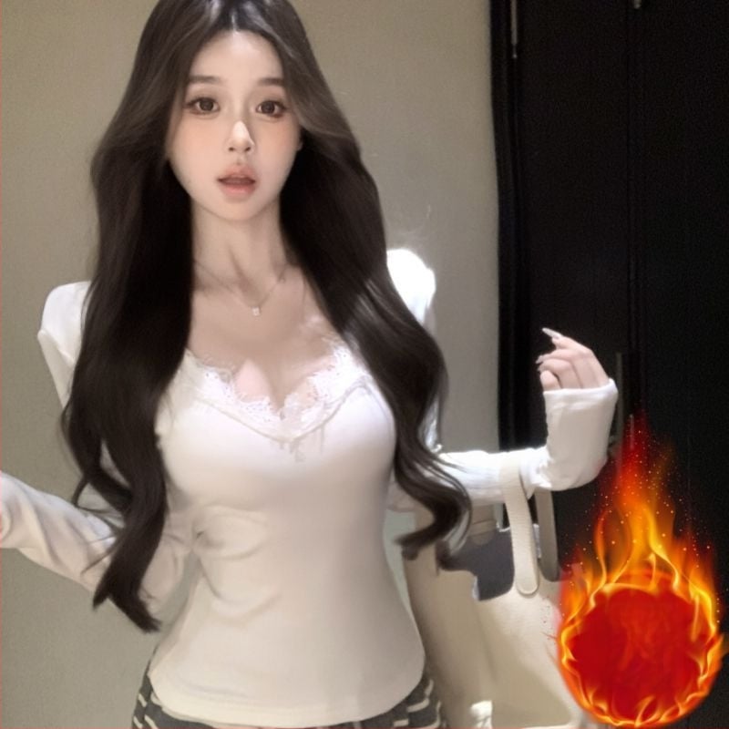 Γυναικεία φλις μπλούζα με V-λαιμό, πίσω με δαντέλα, μακριά μανίκια, oversize γραμμή, μήκος 50–65 εκ