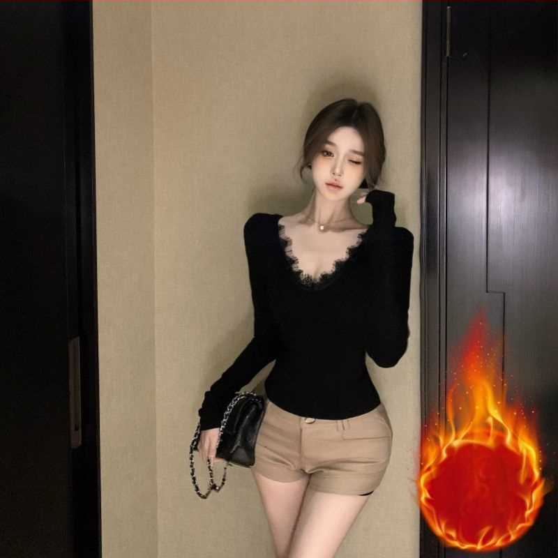 Γυναικεία φλις μπλούζα με V-λαιμό, πίσω με δαντέλα, μακριά μανίκια, oversize γραμμή, μήκος 50–65 εκ