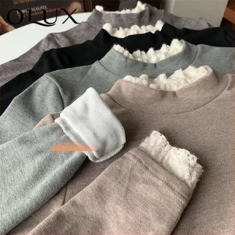 Μπλούζα με δαντελένιο άκρο, βελούδινη παχιά επένδυση φλίς, μακριά μανίκια, με ημιψηλό λαιμό, στενή γραμμή, πολυεστέρας-σπαντέξ