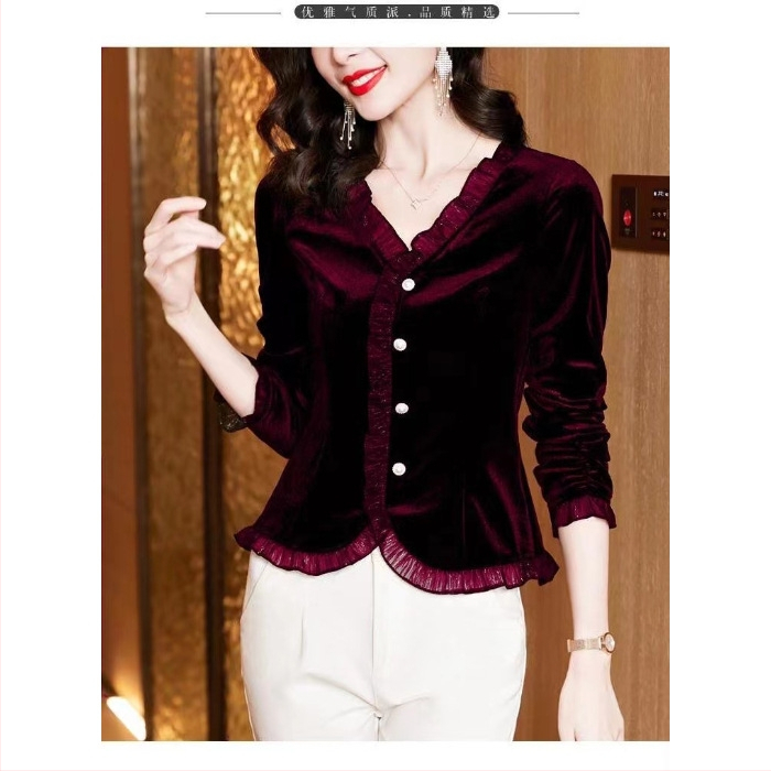 Μπλούζα T με ύφασμα Gold Velvet, V-λαιμό, μακριά μανίκια, στενή γραμμή, χωρίς σιδέρωμα