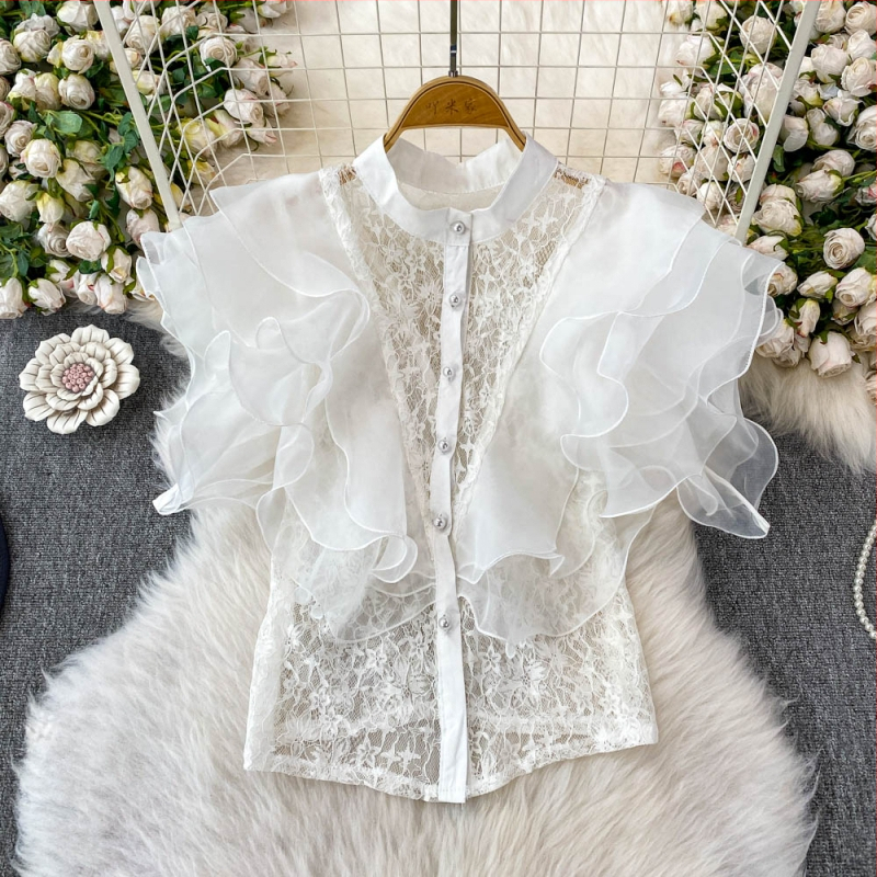 Γυναικείο πουκάμισο από σπαντέξ με σταθερό γιακά, 3D εφέ, κοντό μήκος 40–50 εκ., κομψό στιλ μετακίνησης