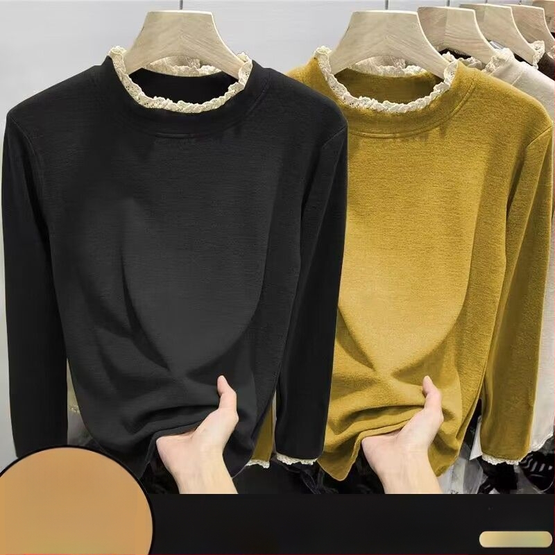 Γυναικεία κοντομάνικη μπλούζα από μίγμα πολυεστέρα-βαμβακιού, μονόχρωμο σχέδιο, στενή γραμμή, μακριά μανίκια, λαιμός με μισό-ύψος