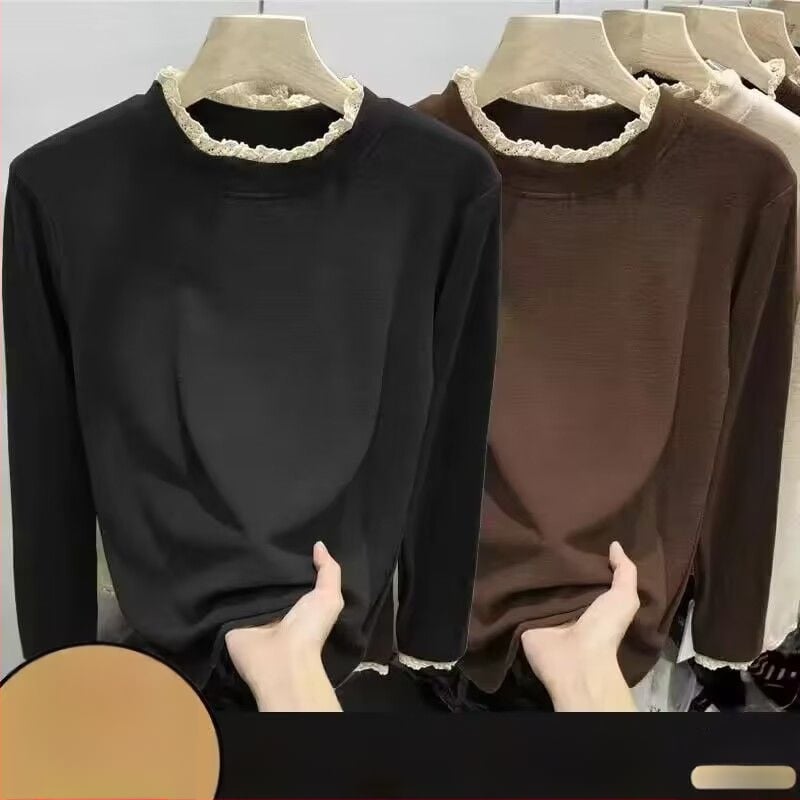 Γυναικεία κοντομάνικη μπλούζα από μίγμα πολυεστέρα-βαμβακιού, μονόχρωμο σχέδιο, στενή γραμμή, μακριά μανίκια, λαιμός με μισό-ύψος