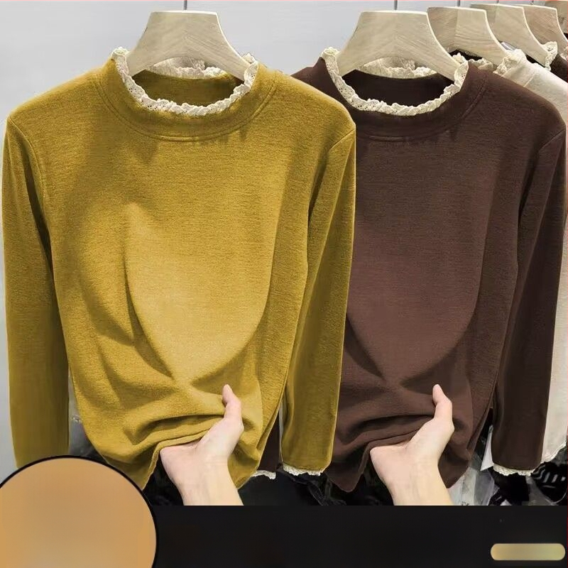 Γυναικεία κοντομάνικη μπλούζα από μίγμα πολυεστέρα-βαμβακιού, μονόχρωμο σχέδιο, στενή γραμμή, μακριά μανίκια, λαιμός με μισό-ύψος