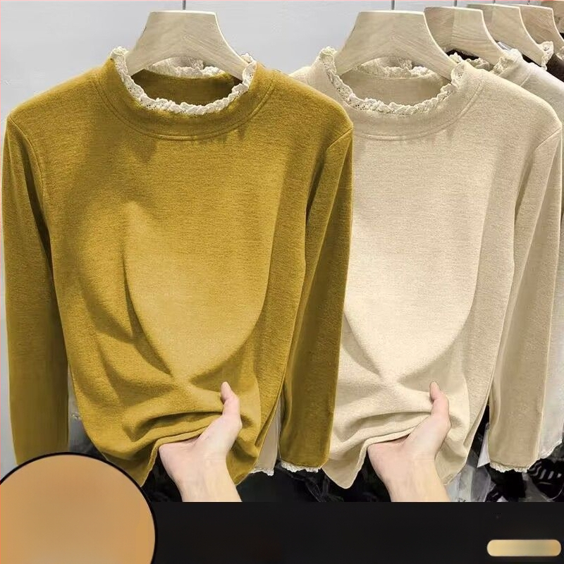 Γυναικεία κοντομάνικη μπλούζα από μίγμα πολυεστέρα-βαμβακιού, μονόχρωμο σχέδιο, στενή γραμμή, μακριά μανίκια, λαιμός με μισό-ύψος