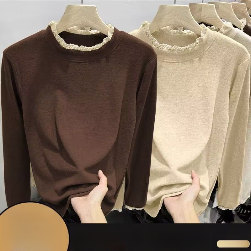 Γυναικεία κοντομάνικη μπλούζα από μίγμα πολυεστέρα-βαμβακιού, μονόχρωμο σχέδιο, στενή γραμμή, μακριά μανίκια, λαιμός με μισό-ύψος