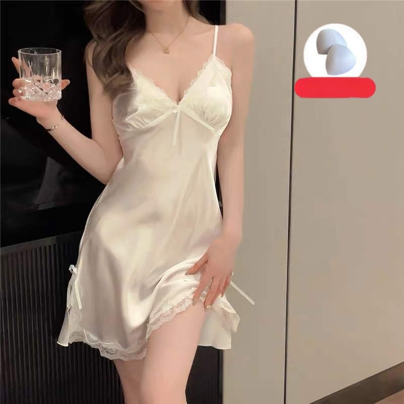 Pijamă de noapte feminină cu bretele tip sling, pernă pentru bust, dantelă, decolteu în V, material răcoros, poliester 90–95%