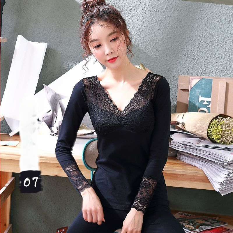 Дамски есенен термо комплект бельо – тънък модел с дантелено деколте, Slim fit, еднослоен, 180–250 g/m² Derong Rabbit Fur плат