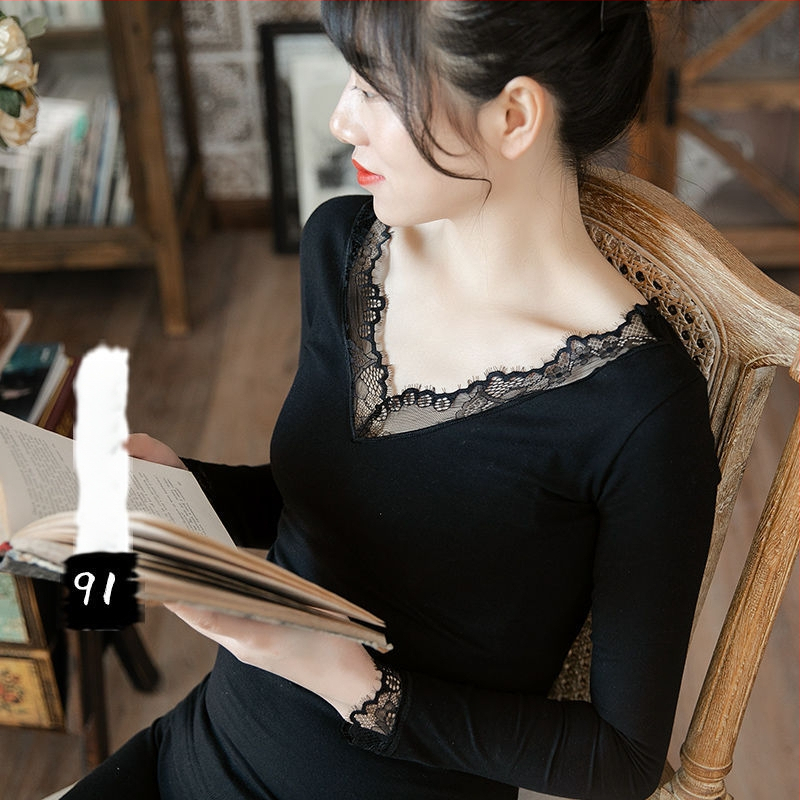 Дамски есенен термо комплект бельо – тънък модел с дантелено деколте, Slim fit, еднослоен, 180–250 g/m² Derong Rabbit Fur плат