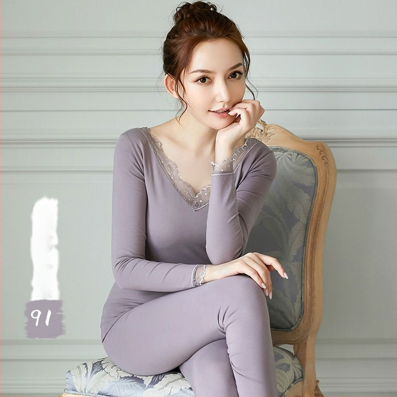 Дамски есенен термо комплект бельо – тънък модел с дантелено деколте, Slim fit, еднослоен, 180–250 g/m² Derong Rabbit Fur плат