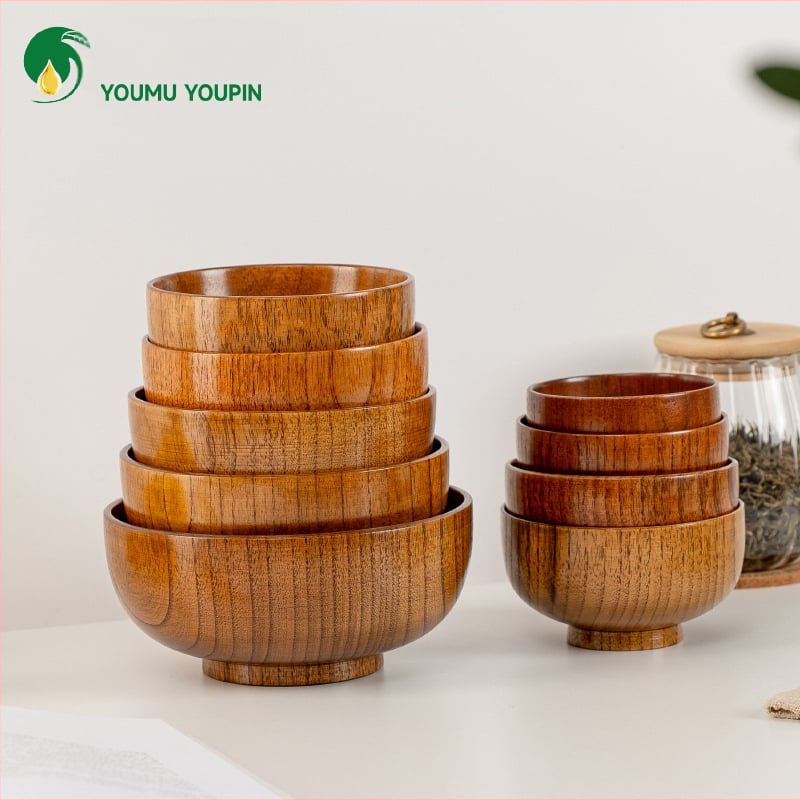 Fából készült tál háztartási japán étkészlethez, vastagított kialakítású, égésálló tál tészta és leves számára, kör alakú, kézzel rajzolt felülettel, modern letisztult stílus, testreszabható logó