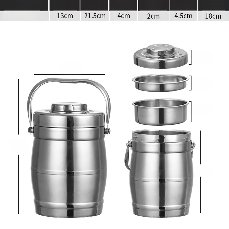 Rozsdamentes acélból készült vákuum-izolált ebédbox, dob alakú, 2 L kapacitás