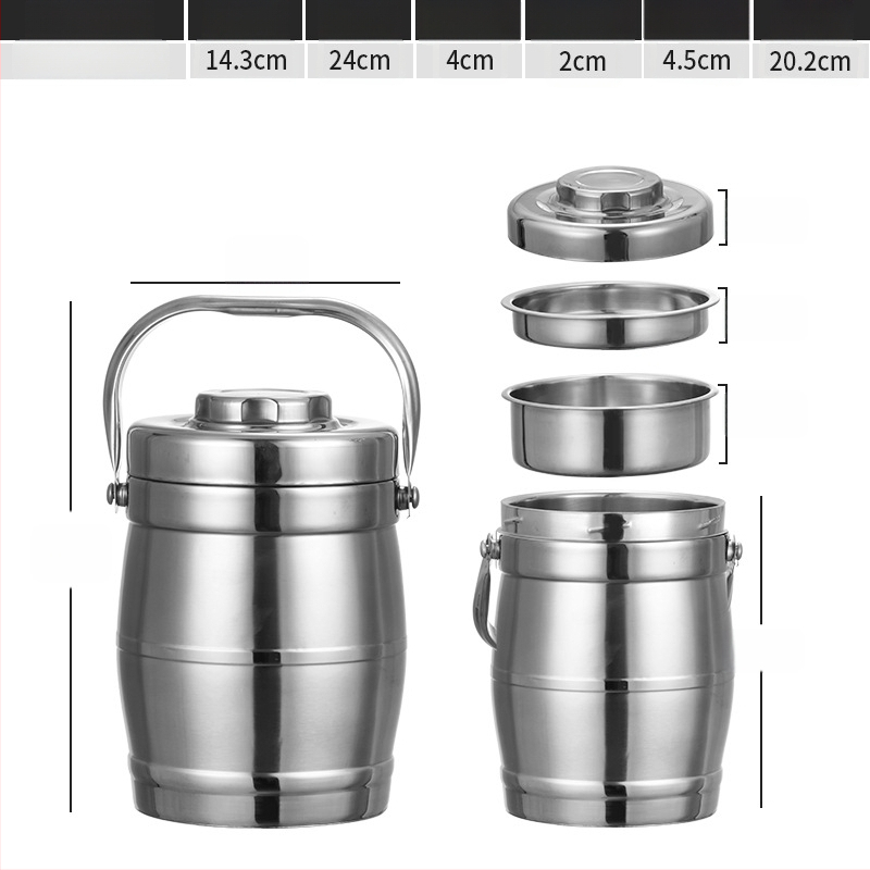 Rozsdamentes acélból készült vákuum-izolált ebédbox, dob alakú, 2 L kapacitás