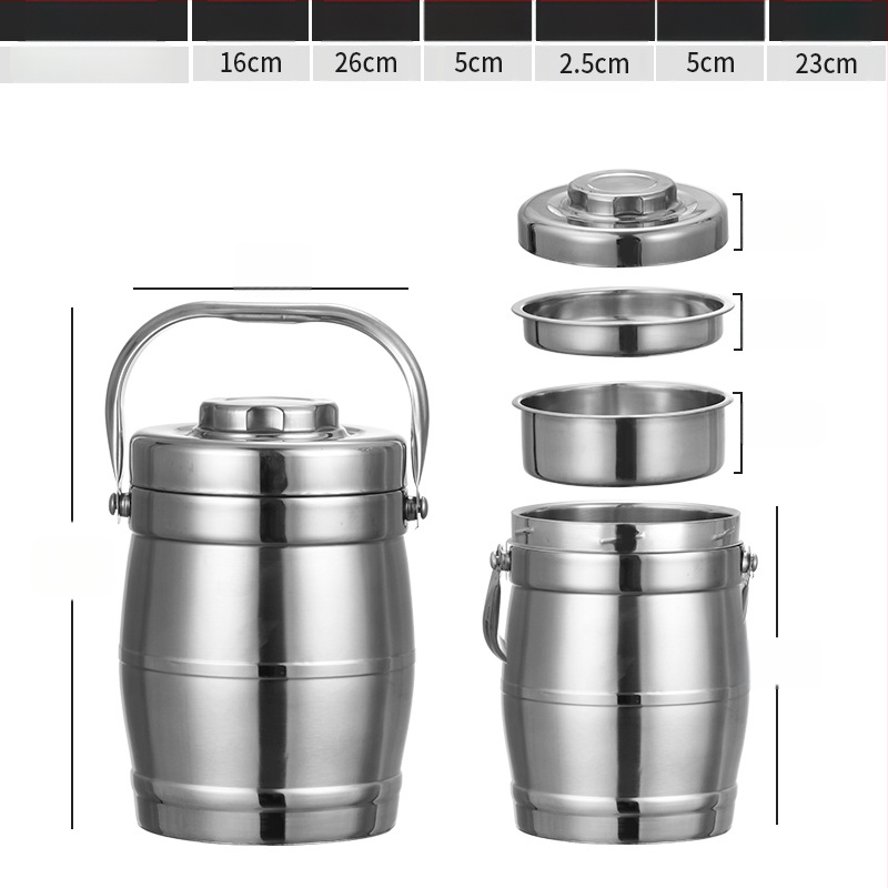 Rozsdamentes acélból készült vákuum-izolált ebédbox, dob alakú, 2 L kapacitás