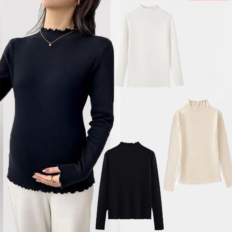 Kismama póló dupla oldalsó bolyhos Chenille belső résszel, őszi-téli melegítéshez, fél magas gallér, 3/4 hosszú ujjú, Spandex-tartalom 50–70%