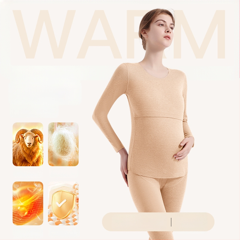 Σετ μητρικού θερμικού εσωρούχου για θηλασμό — φθινοπωρινό-χειμερινό, φούτερ κορυφή και παντελόνια, πολυεστερικό κατιονικό ύφασμα, 181–200 g/m², στρογγυλός λαιμός, μακριά μανίκια