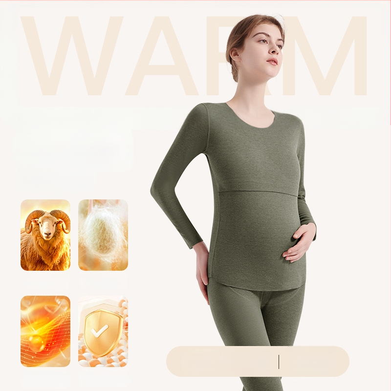 Σετ μητρικού θερμικού εσωρούχου για θηλασμό — φθινοπωρινό-χειμερινό, φούτερ κορυφή και παντελόνια, πολυεστερικό κατιονικό ύφασμα, 181–200 g/m², στρογγυλός λαιμός, μακριά μανίκια