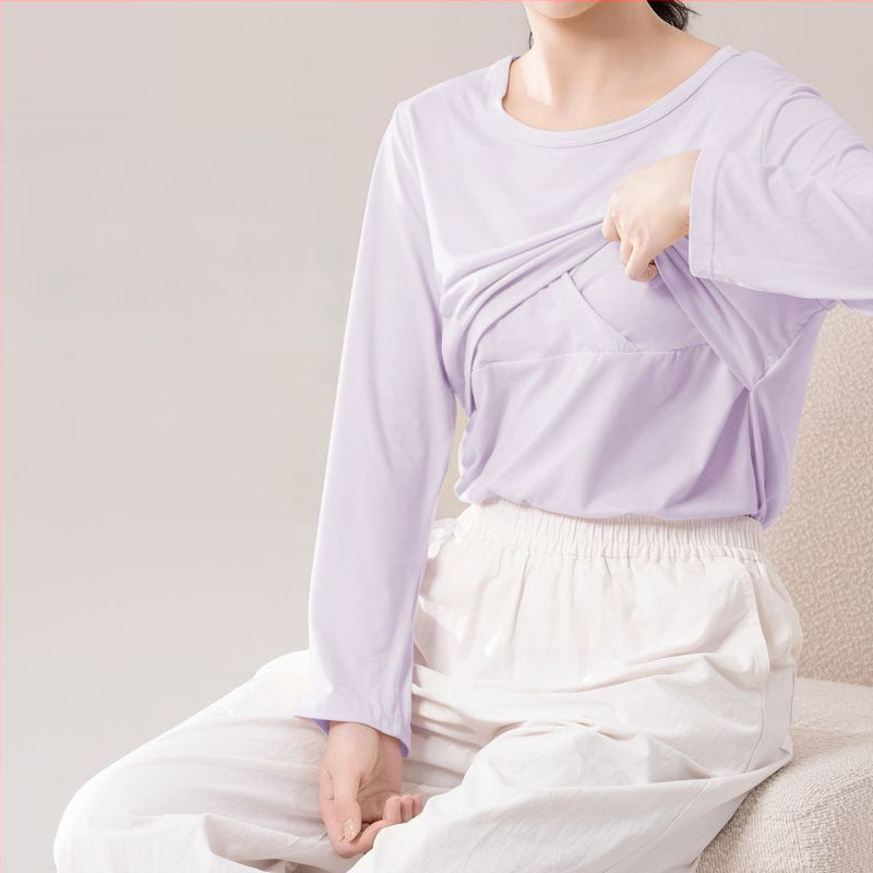 Τοπ μητρότητας για θηλασμό, χαλαρή γραμμή, γούνινο γιακά, μανίκια 3/4, chenille ύφασμα με 90–95% σπαντέξ