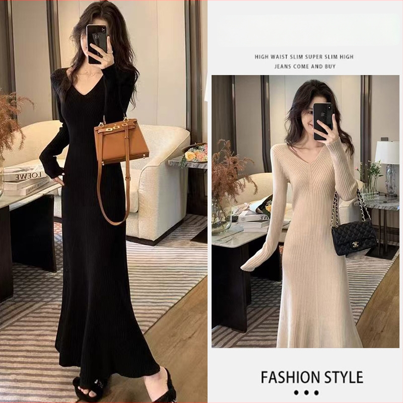 Бременна трикотажна рокля с V-образно деколте, 3/4 ръкав, средна дължина, полиестер 80–90%