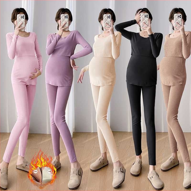 Θερμικό σετ μητρότητας για τον χειμώνα — διπλής όψεως βελούδινο, ύφασμα χωρίς ραφές, μακριά μανίκια, ψηλός γιακά