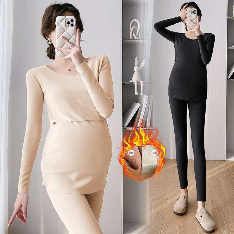 Θερμικό σετ μητρότητας για τον χειμώνα — διπλής όψεως βελούδινο, ύφασμα χωρίς ραφές, μακριά μανίκια, ψηλός γιακά