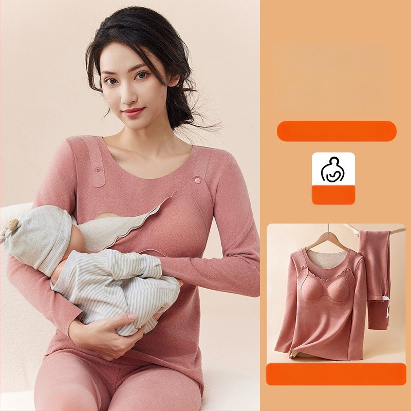 Szülés utáni ruházati készlet: hosszú ujjú felső és nadrág, egyszínű mintázat, poliészter anyag 90–95%, szoptatási nyílás, őszi-téli pizsama, 2024 tavaszi kiadás.