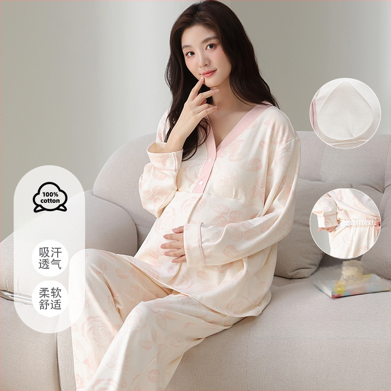 100% pamut anyasági pizsama készlet szoptatós betétekkel, szülés utáni, hosszú ujjú, otthoni viselet