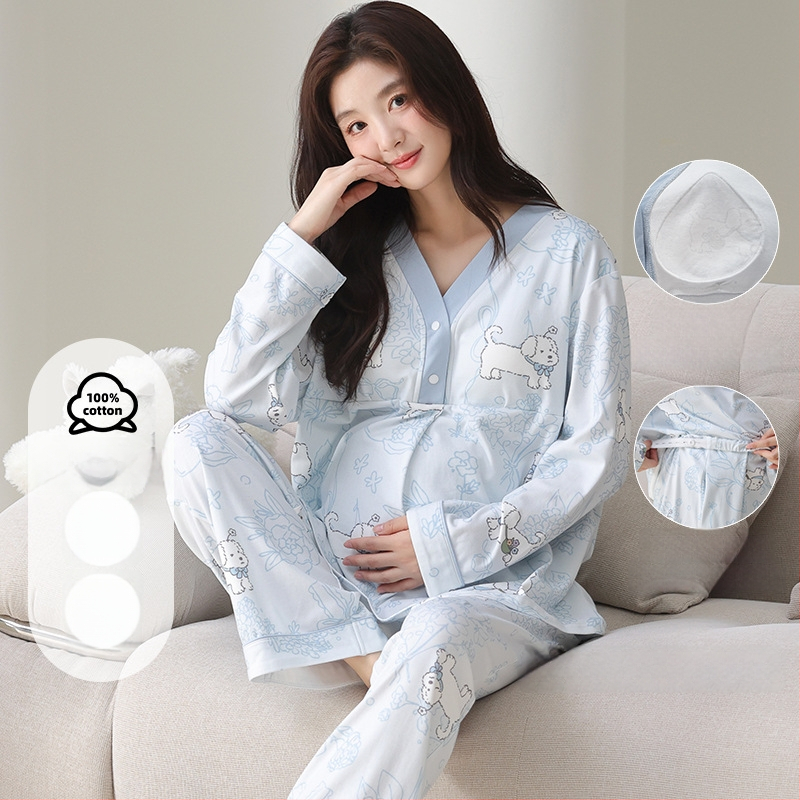 100% pamut anyasági pizsama készlet szoptatós betétekkel, szülés utáni, hosszú ujjú, otthoni viselet