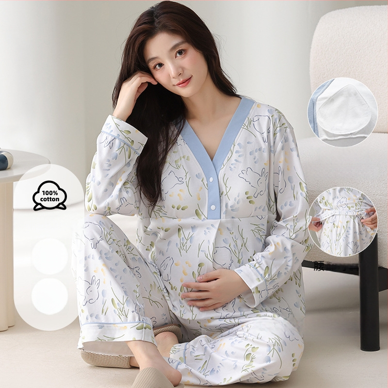 100% pamut anyasági pizsama készlet szoptatós betétekkel, szülés utáni, hosszú ujjú, otthoni viselet