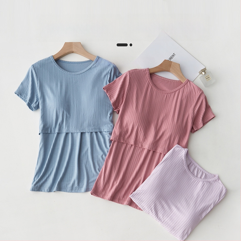 Szoptatós póló terhességre és szülés utáni időszakra – rövid ujjú viszkóz felső, 90–95% viszkóz, mindennapi légáteresztő szoptatós top, közepes vastagságú, négy évszakos viselet