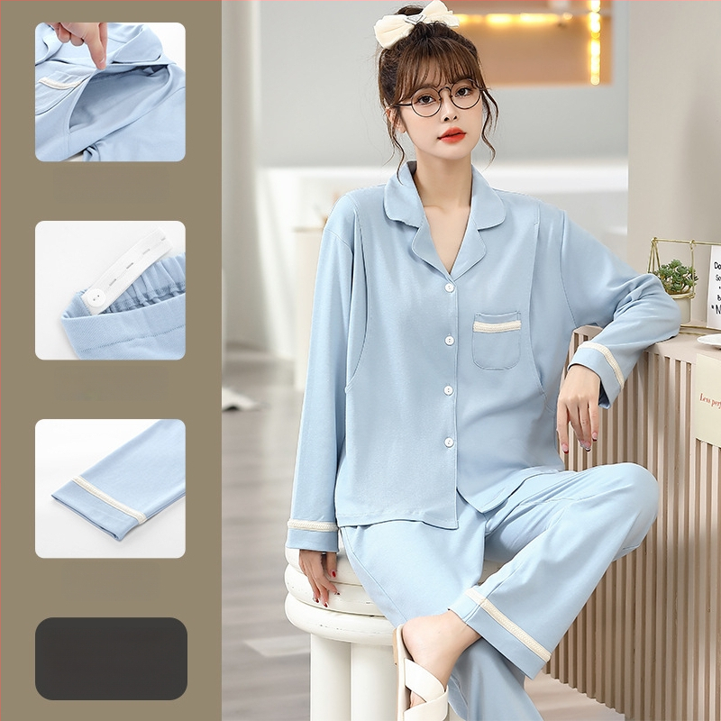 Pamut kismama pizsama szett hosszú ujjú felsővel és nadrággal, tavasz–őszre, szoptatáshoz és szülés utáni időszakhoz