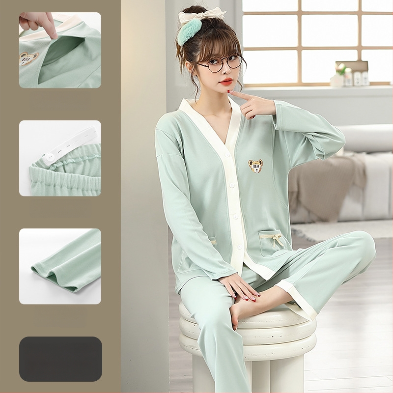 Pamut kismama pizsama szett hosszú ujjú felsővel és nadrággal, tavasz–őszre, szoptatáshoz és szülés utáni időszakhoz