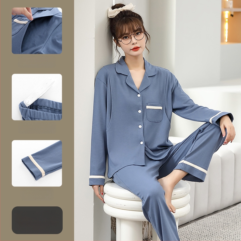 Pamut kismama pizsama szett hosszú ujjú felsővel és nadrággal, tavasz–őszre, szoptatáshoz és szülés utáni időszakhoz