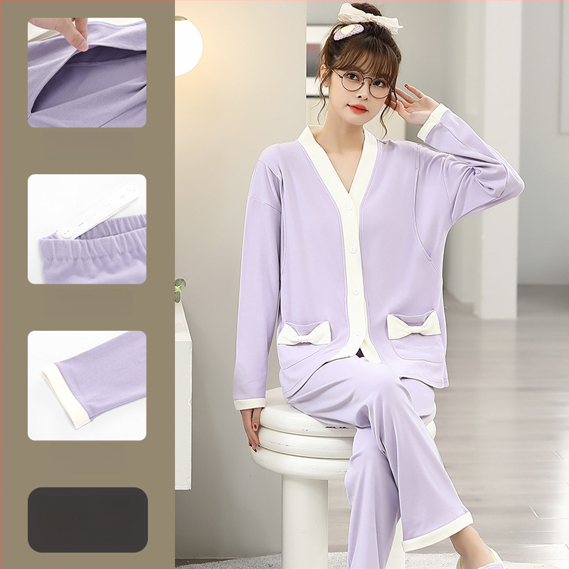 Pamut kismama pizsama szett hosszú ujjú felsővel és nadrággal, tavasz–őszre, szoptatáshoz és szülés utáni időszakhoz