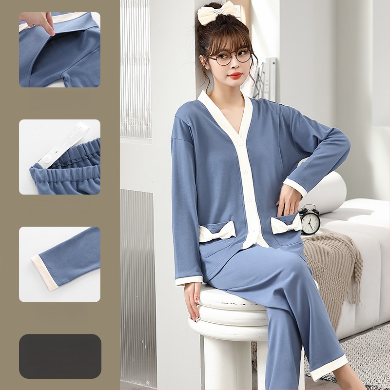 Pamut kismama pizsama szett hosszú ujjú felsővel és nadrággal, tavasz–őszre, szoptatáshoz és szülés utáni időszakhoz