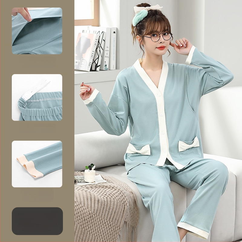 Pamut kismama pizsama szett hosszú ujjú felsővel és nadrággal, tavasz–őszre, szoptatáshoz és szülés utáni időszakhoz