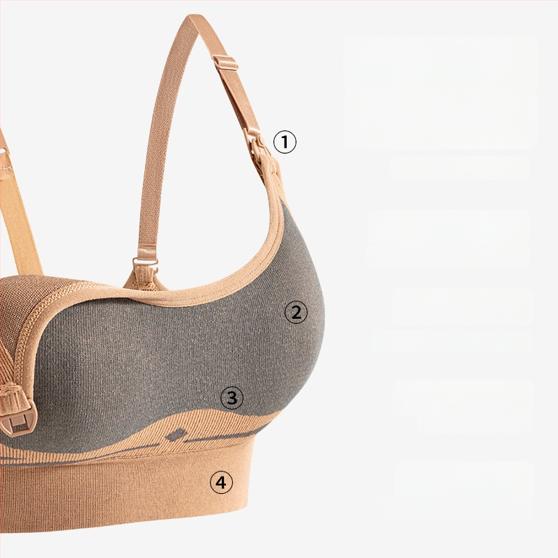 Бюстгалтер за кърмене за майки – безжичен, безшевен, чаши със среден модел, основен материал найлон, подплата спандекс, закопчаване на гърба с четири реда куки и капси