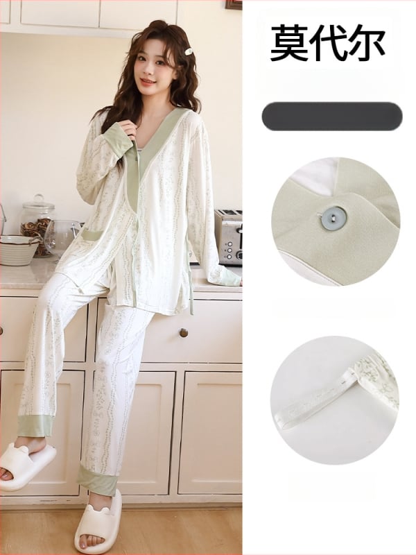 Szülés utáni kismama kimonó készlet – virágos minta, hosszú ujjak, nadrágkosztüm, poliészter-spandex keverék