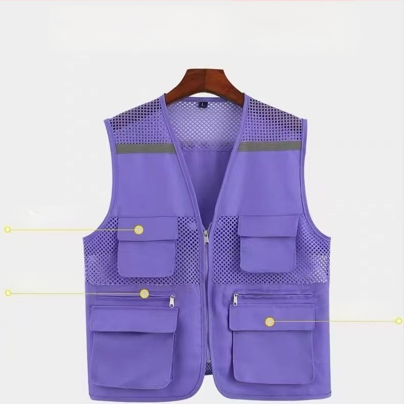 Vestă din plasă de pescuit pentru voluntari, cu logo imprimat, respirabilă, reflectorizantă, închidere cu fermoar, potrivită pentru toate anotimpurile